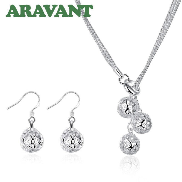 925 Sterling Silver Tassel Balls Drop Earring & Necklace Set